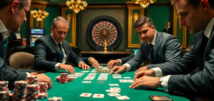 Players engaging in a thrilling poker game at https://gg88.ltd/ surrounded by vibrant casino elements.