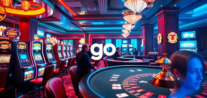 Players winning at a luxurious casino with go 88 branding, vibrant slot machines and poker tables.