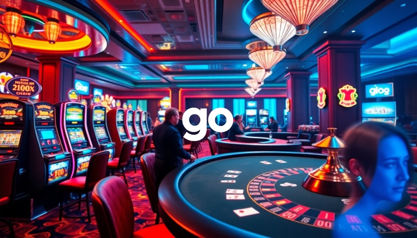 Players winning at a luxurious casino with go 88 branding, vibrant slot machines and poker tables.