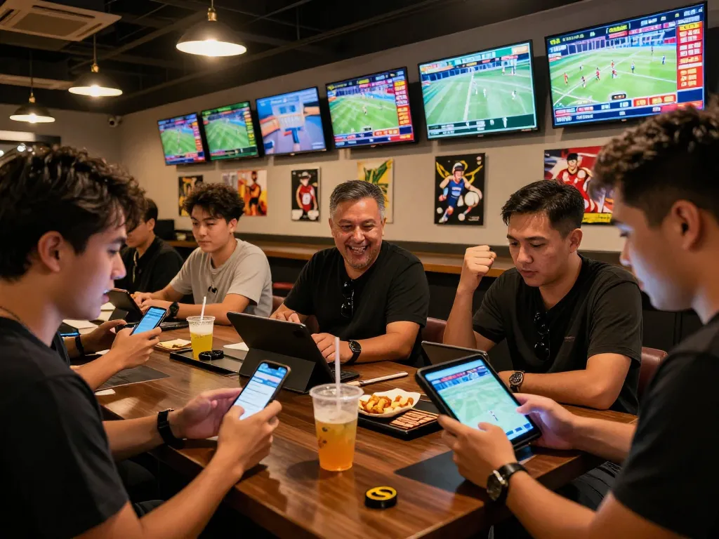Sports betting enthusiasts analyzing kèo nhà cái amidst live game displays and camaraderie