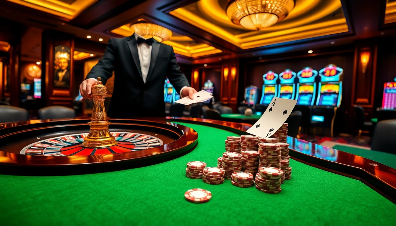 A vibrant casino scene with a roulette wheel, poker cards, and chips inviting players at https://hay88.my/ for thrilling games.