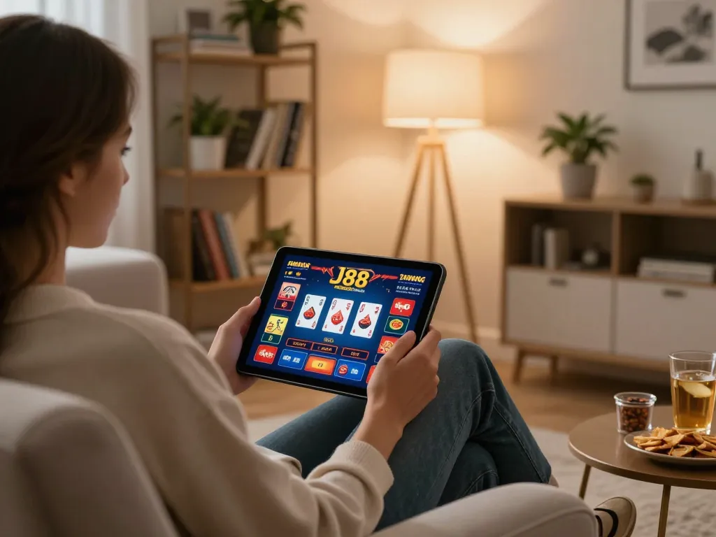 Player engaging with J88 app on tablet in a cozy home environment during online gaming session.