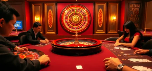 Players enjoying a thrilling game of poker at a luxurious casino, featuring fly88 interface.