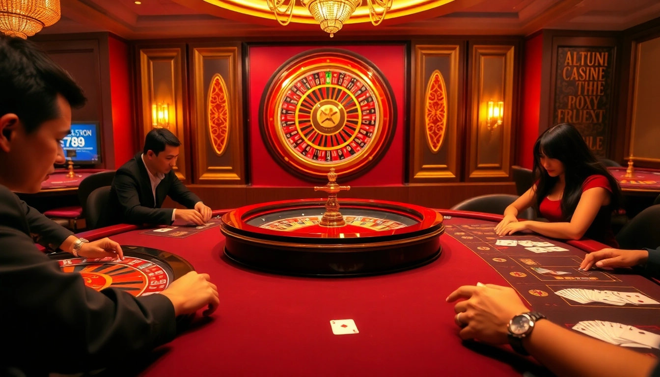 Players enjoying a thrilling game of poker at a luxurious casino, featuring fly88 interface.