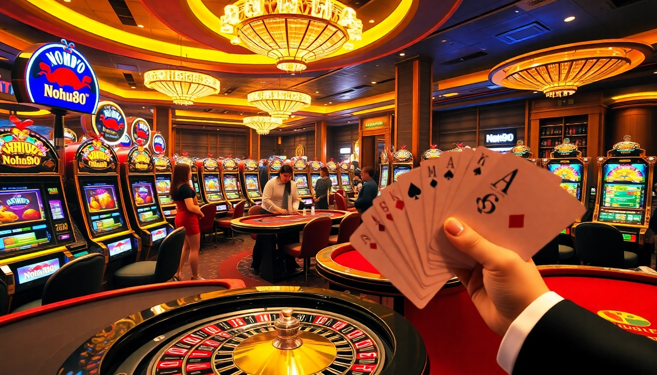 Players enjoy vibrant slot machines at Nohu90 casino, celebrating thrilling wins and excitement.