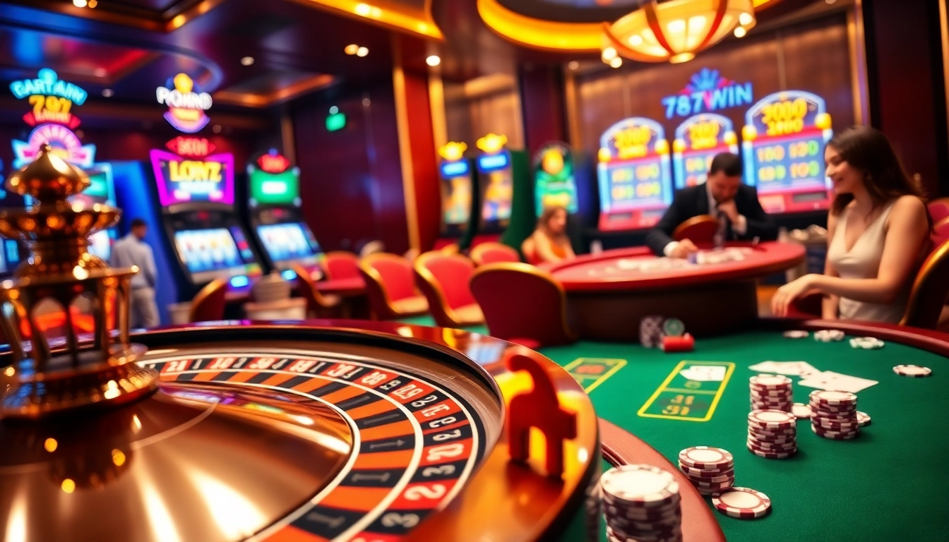 Experience the excitement of gaming at 78Win with colorful casino tables, poker chips, and vibrant players.
