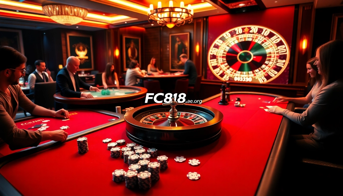 Players engaged at luxury tables, betting on fc88.ae.org casino games with vibrant chips and excitement.