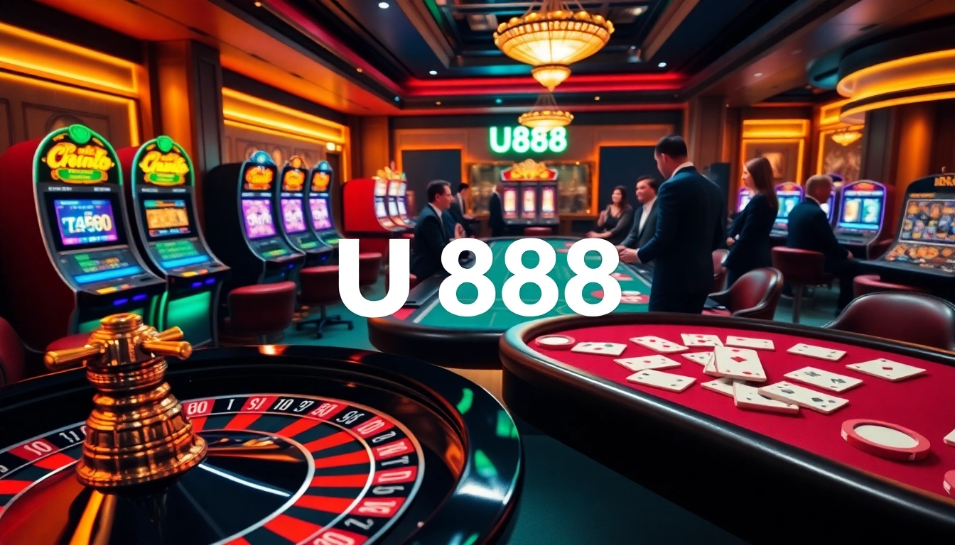 Experience the excitement of U888 with vibrant casino tables, colorful chips, and engaging players.