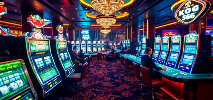 Trải nghiệm sự phấn khích của KO66 với những bàn casino đầy màu sắc, tràn ngập thẻ bài và chip.