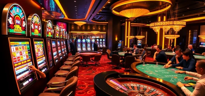 Exciting casino scene at 11bett.it.com with slot machines, roulette table, and poker action.