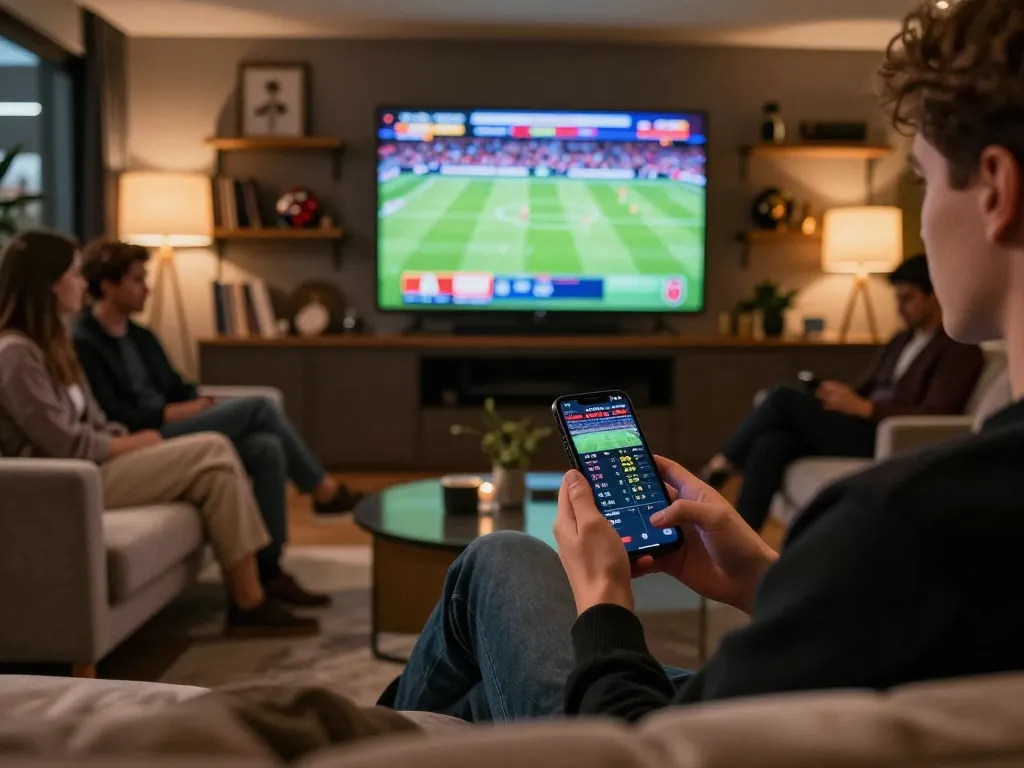 Kuwin player checking live odds on smartphone during a sports betting session in stylish lounge.