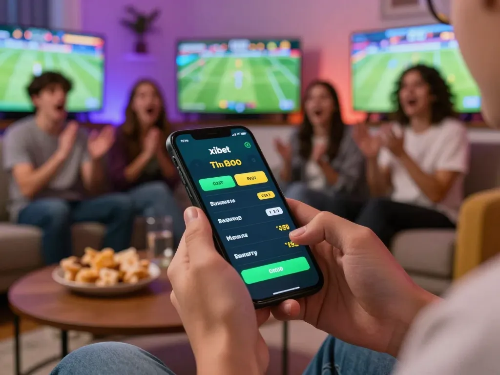 Engaging with the xibet app for live sports betting during a social home event.