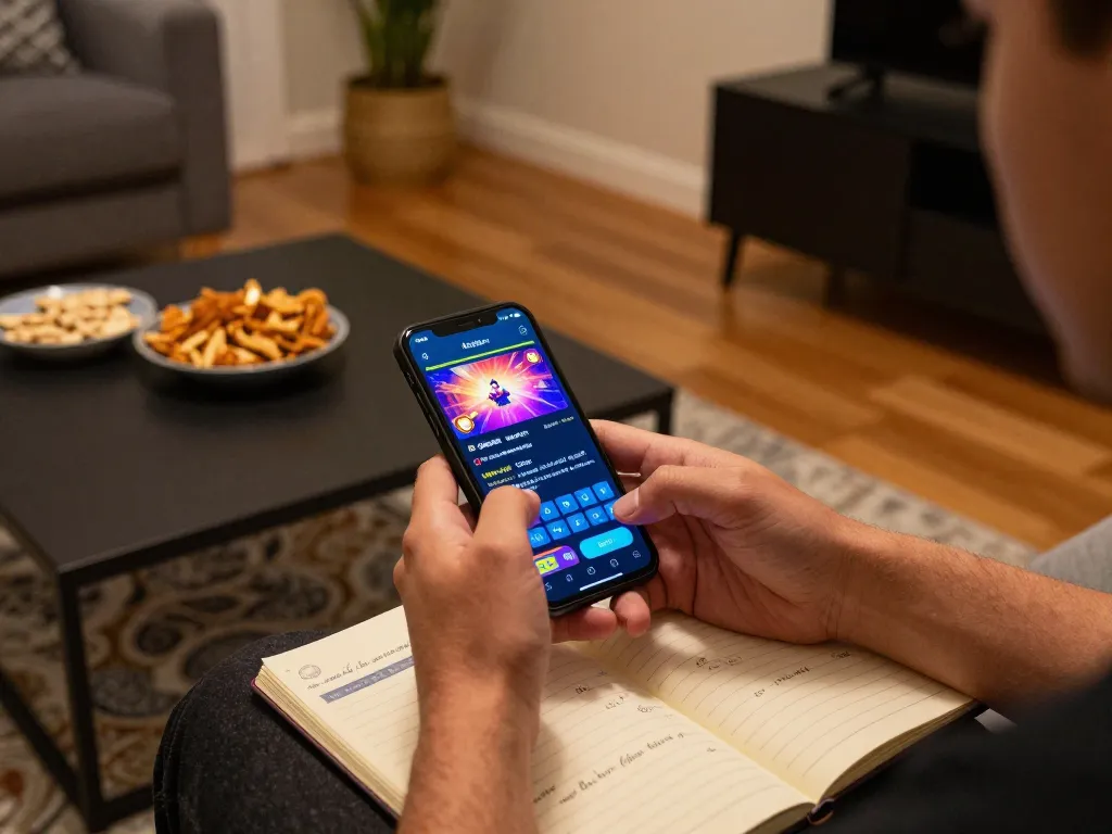 Winwin player betting with smartphone app in cozy home setting, showcasing responsible gaming.