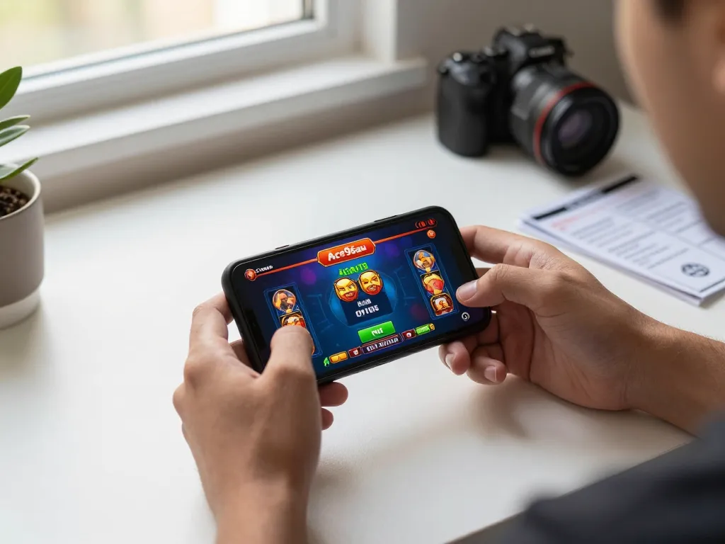 Ace96au player engaged in mobile gambling action with app graphics on screen.