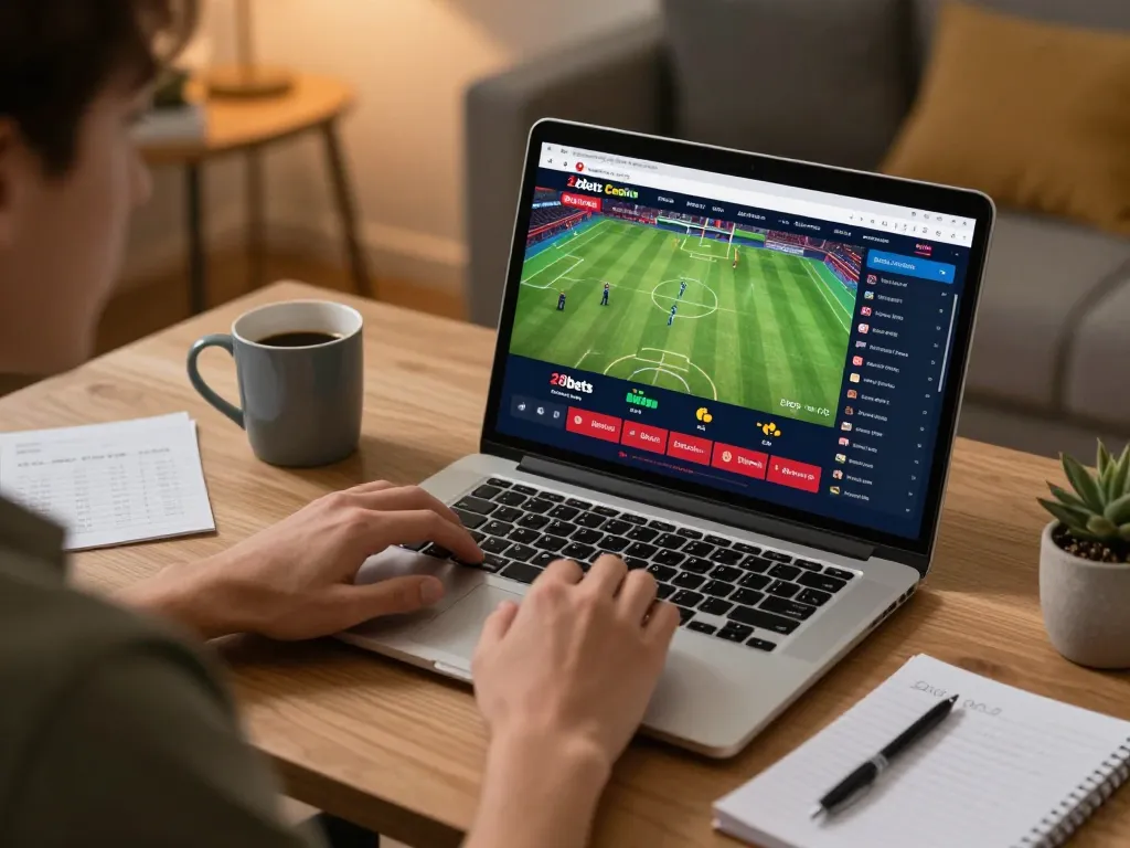 Engaged user betting at 28bets casino online with laptop and notes for strategic play