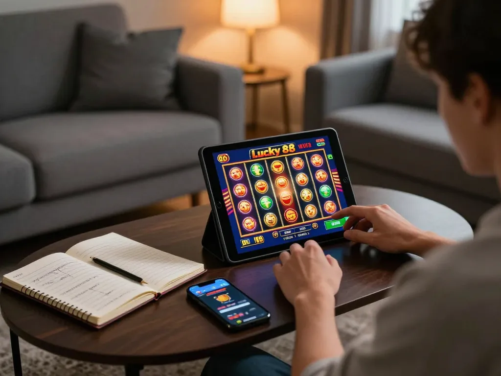 Player enjoying the Lucky 88 slot game on a tablet in a cozy home environment, showcasing strategic betting.