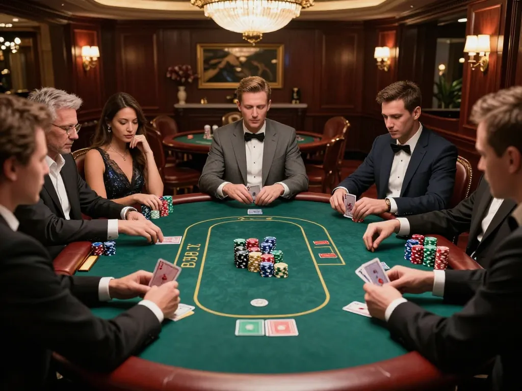 Players at HITCLUB poker night engaging in strategic gameplay, showcasing vibrant chips and exclusive decor.