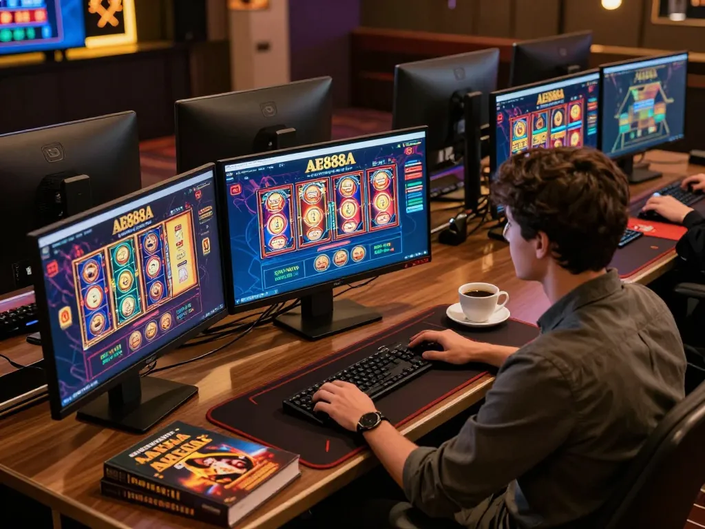 A dynamic online casino scene with AE888A gaming interface showing vibrant slot machines and live dealer games.