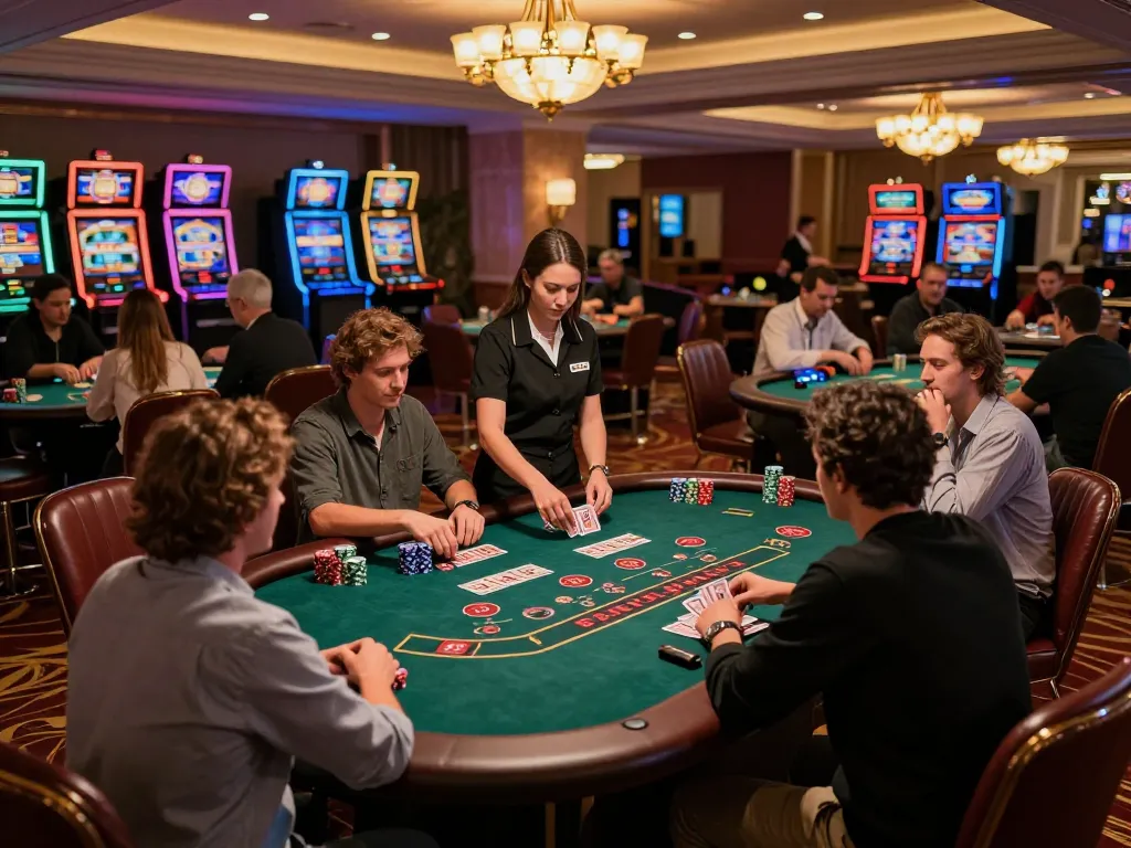 Players in a thrilling blackjack game at mb66ac casino, engaging in high-stakes strategy and excitement.