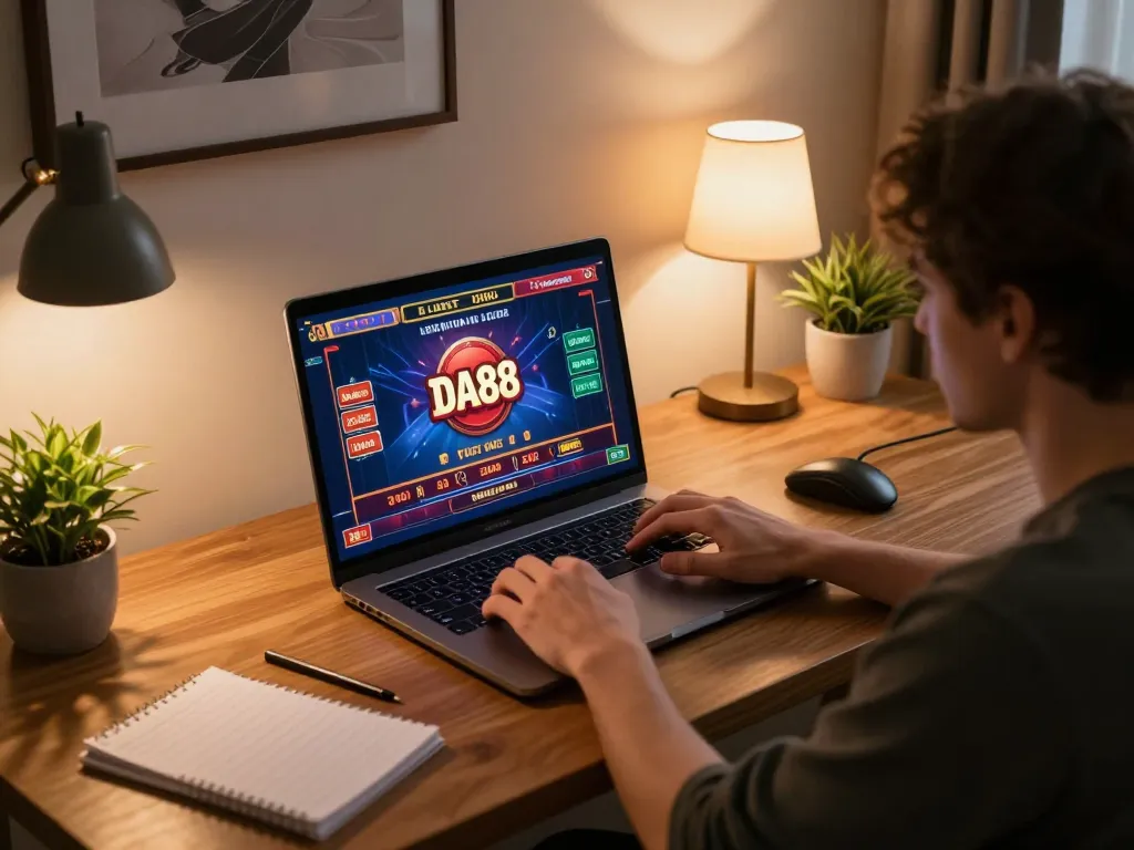 Engaged user playing DA88 casino games on laptop in a cozy home environment, reflecting strategic gaming.