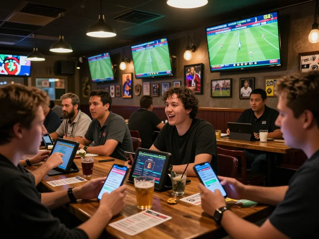 Engaged patrons placing kèo bóng đá trực tuyến bets in a lively sports bar environment.