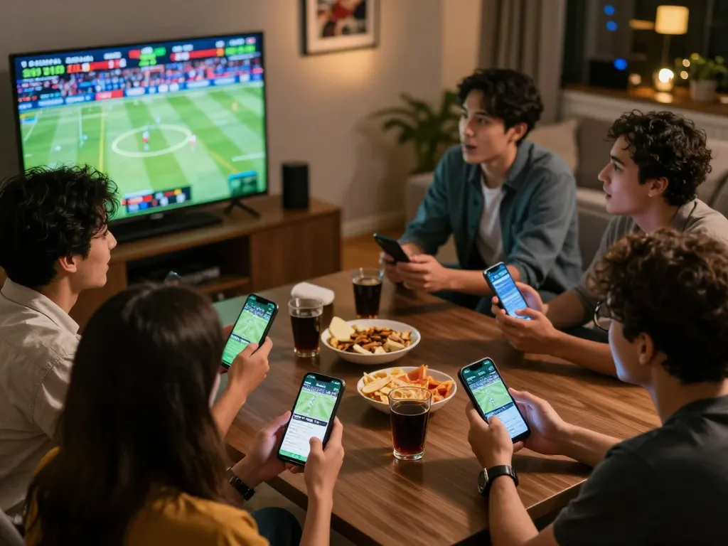 Active sports betting moment showing friends celebrating on da88 com betting app during live games