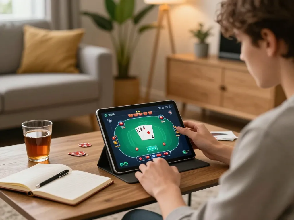 Engaging user playing yo88 poker game on tablet with cozy home setup.