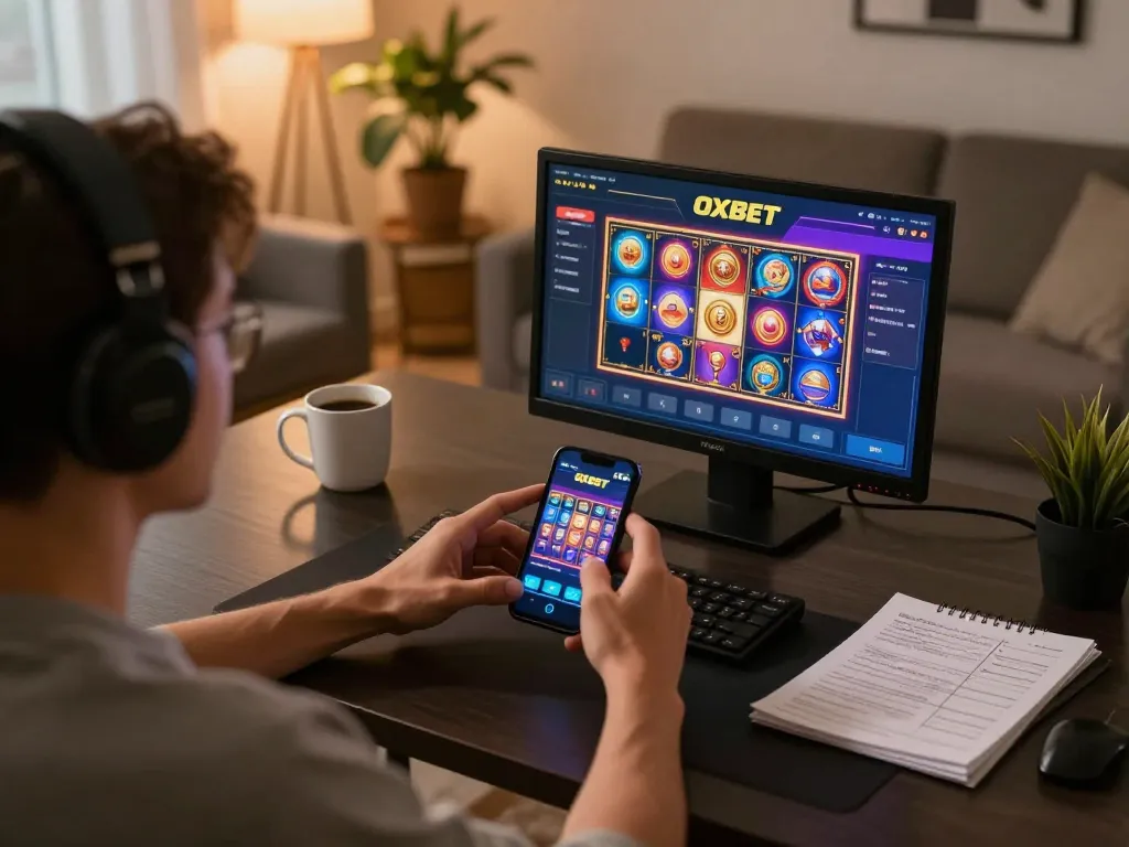Engaging in OXBET mobile gaming at home, showing active app interface and strategy notes