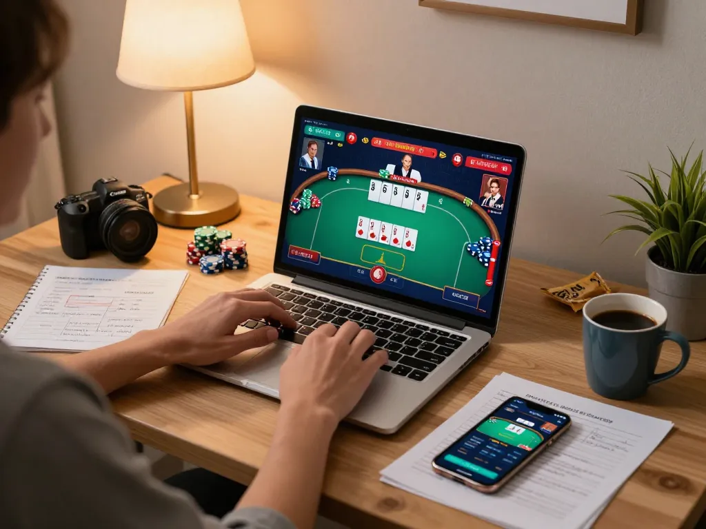 Person enjoying online gaming experience on Trang chủ ALO8 with poker interface, laptop, and notes.
