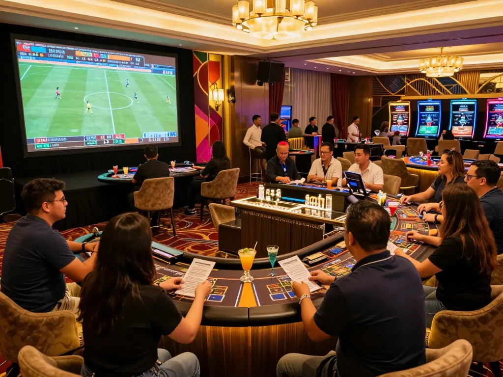 PHPVIP sports enthusiasts placing bets amid a lively casino atmosphere with excitement during a live event