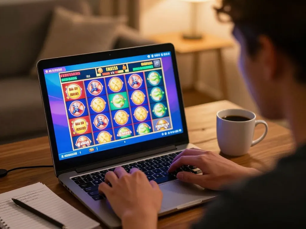 Playing exciting yo88 online slots on a cozy home setup with strategic betting notes