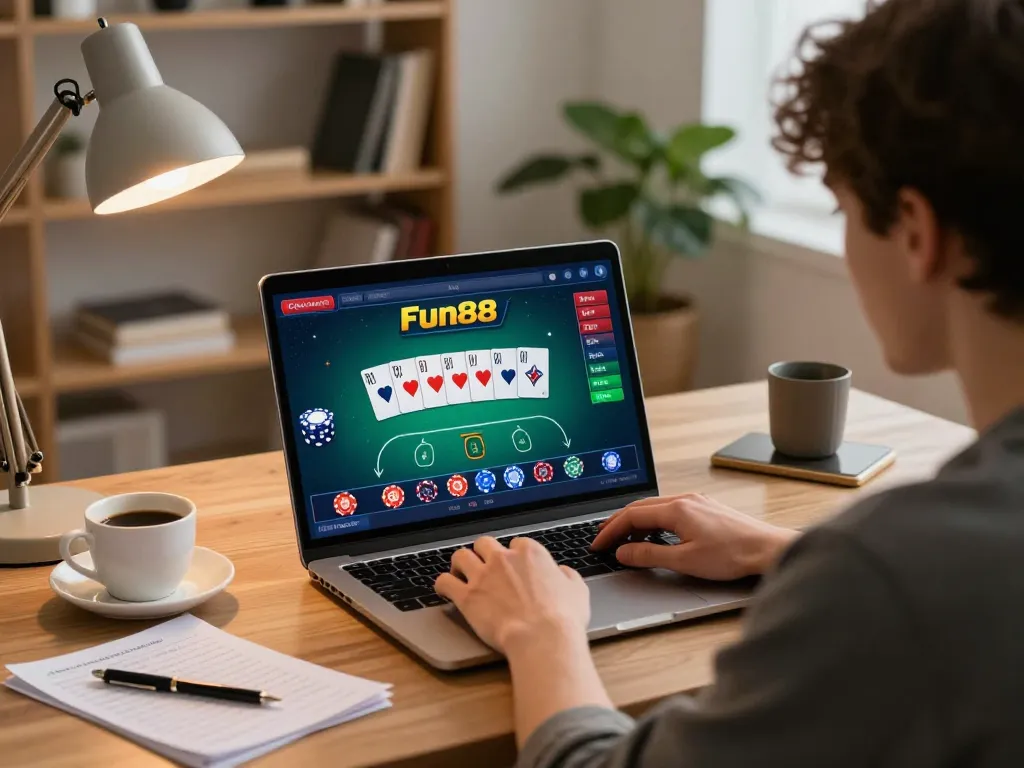 Fun88 online gaming scene depicting a player engaged in a poker game from home, showcasing strategy and comfortable atmosphere.