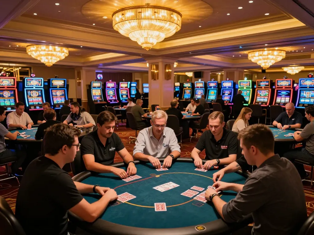 Players strategizing at a poker table in an upscale casino with vibrant atmosphere and 88 vin stakes involved