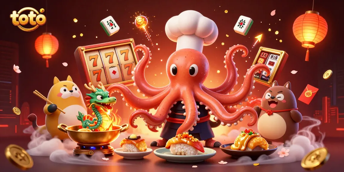 Toto-themed online casino illustration featuring a sushi chef octopus and dragon with slot reels.