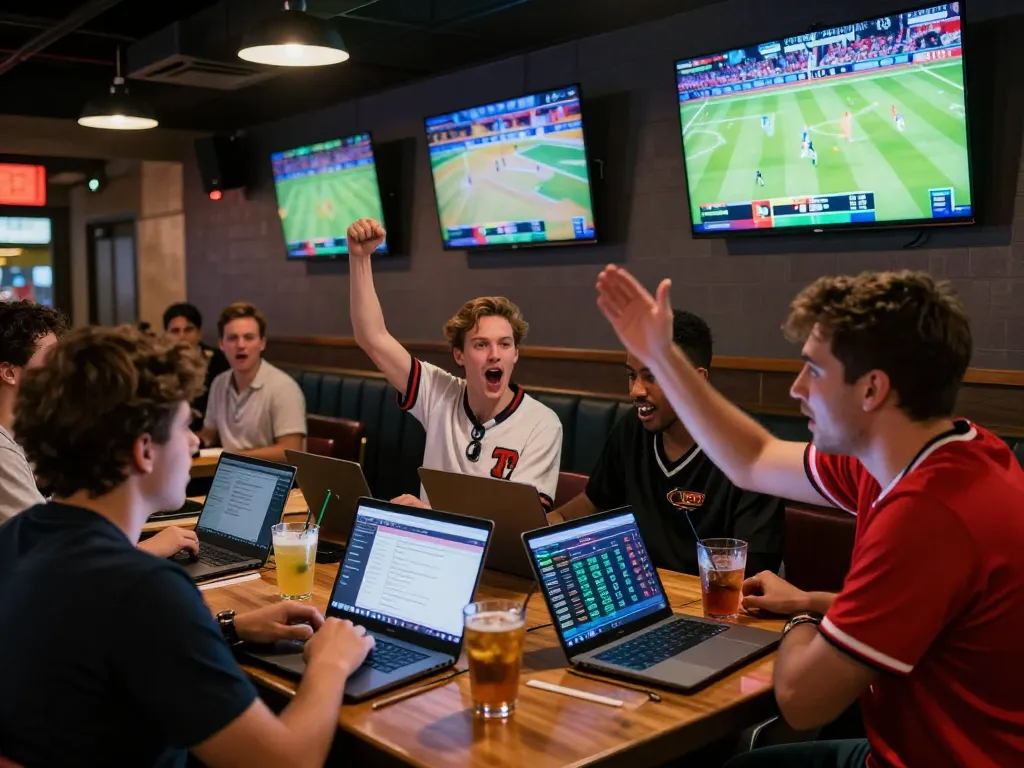 Watch fans enjoy sports betting at Link five88 with laptops and drinks in vibrant bar.