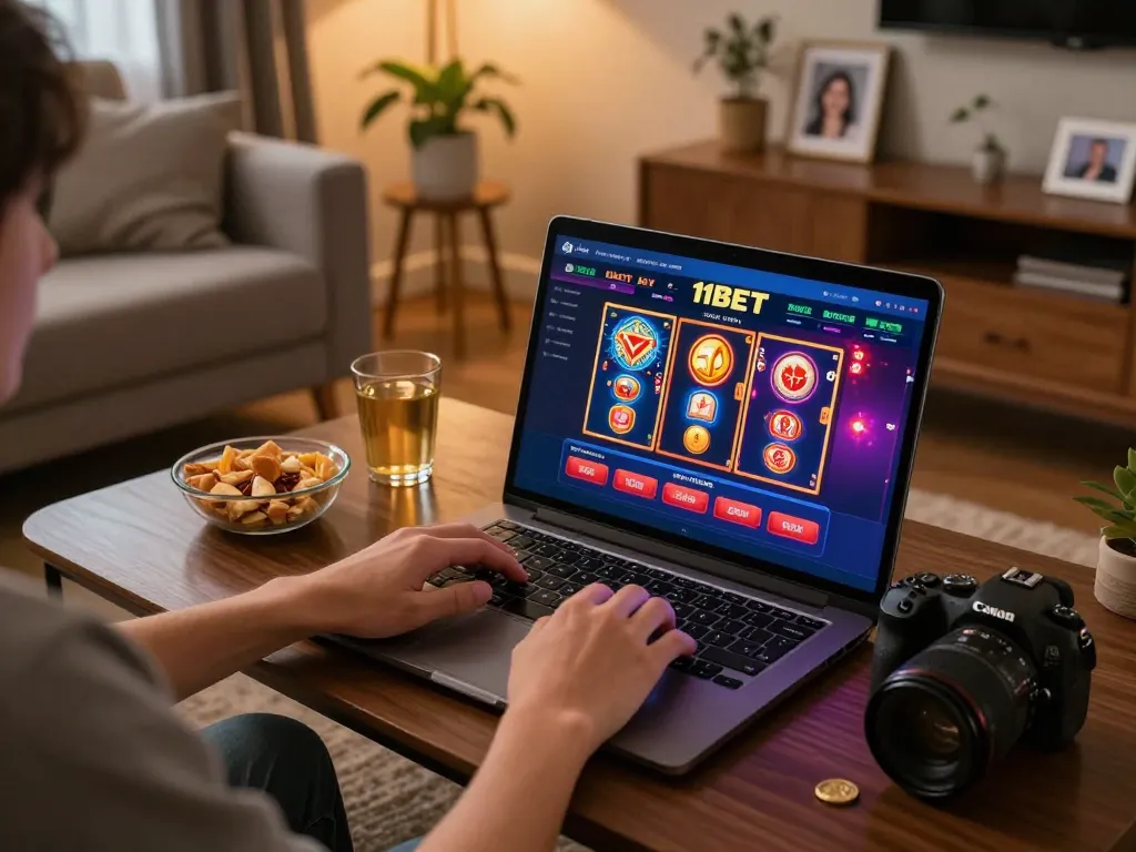 Engaged player enjoying nhà cái 11BET online slots at home, showcasing gaming excitement and responsible entertainment.