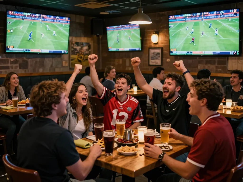 Xem bóng đá Socolive in an exciting sports bar with fans cheering and enjoying the game atmosphere.