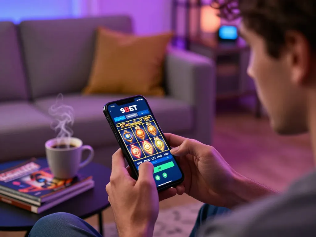 Player engaging with the 9BET app on smartphone, illustrating a vibrant online gaming experience.