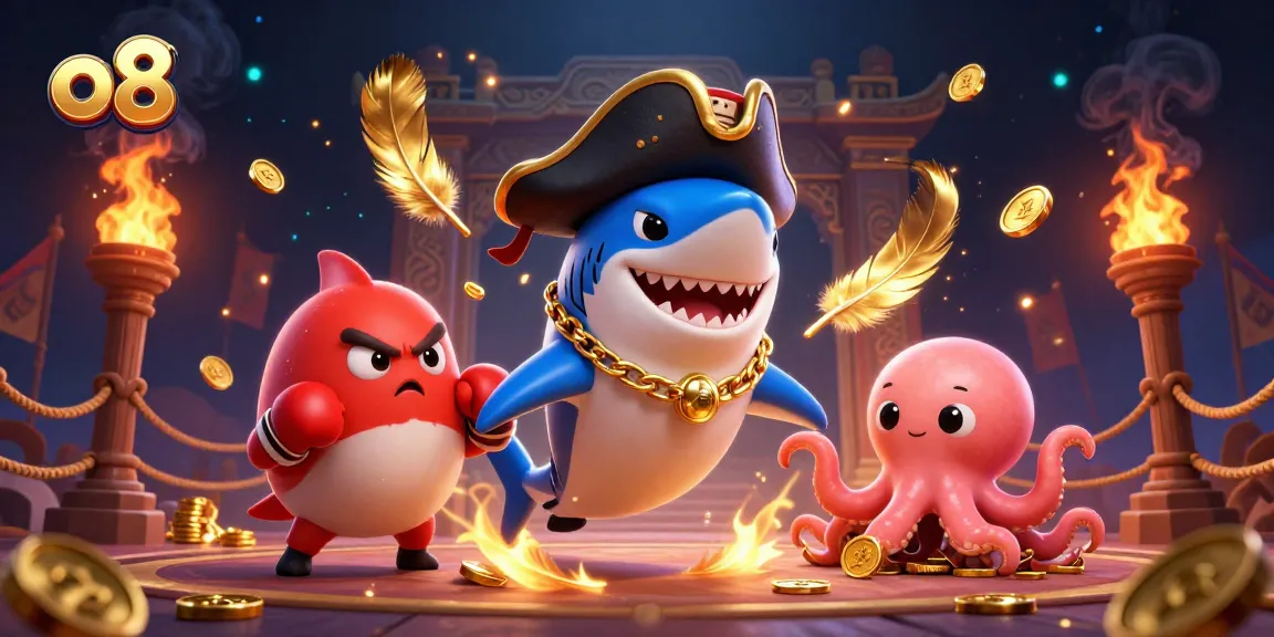 Experience thrilling gameplay at o8 with a pirate shark, pufferfish, and octopus in an exciting 3D illustration.