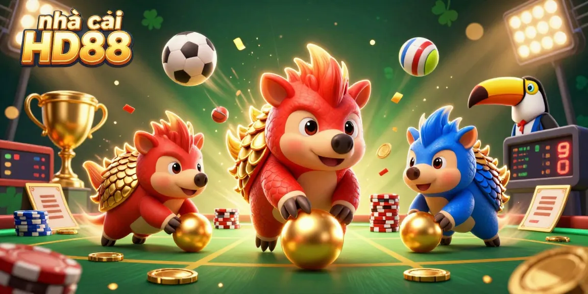 Engage with nhà cái HD88 betting excitement through a dynamic scene of animated pangolins rolling in casino-themed elements.