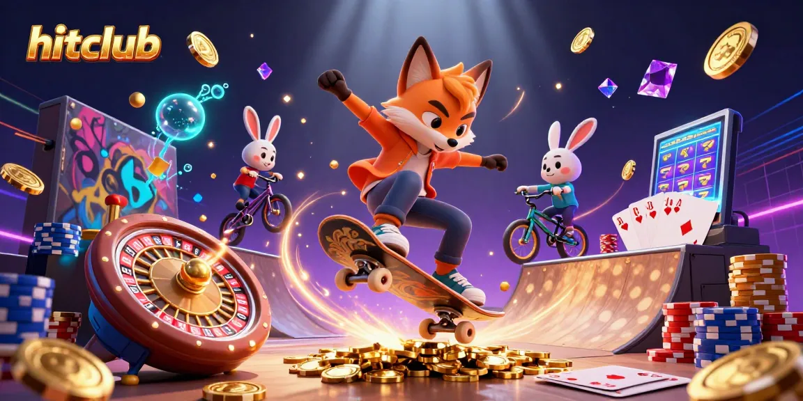 Experience the excitement of hitclub with a skateboarder fox performing tricks amidst dynamic casino symbols and elements.