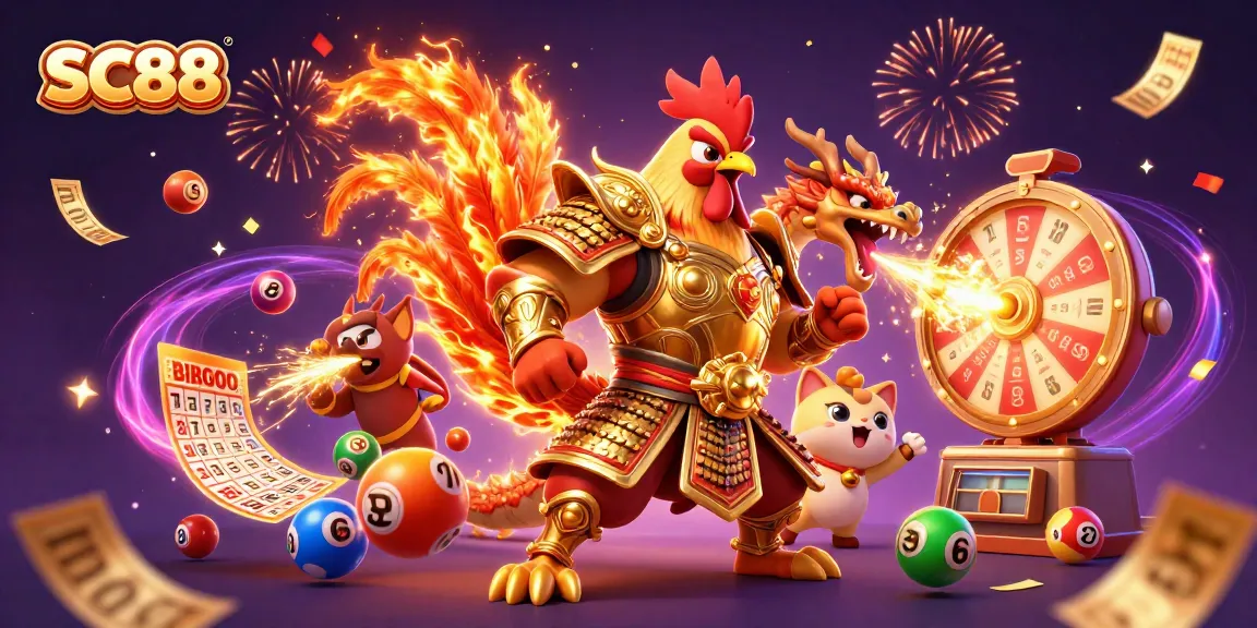 Experience thrilling gaming at SC88 with a dynamic 3D scene showcasing unique characters and lively casino elements.