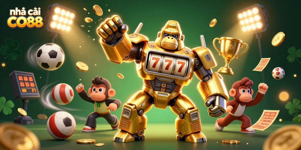 Bet on exciting games at nhà cái CO88, featuring golden gorilla mech and dynamic sports elements.