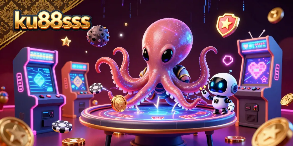 Engage in thrilling gameplay with ku88sss as a vibrant octopus runs a holographic poker table.