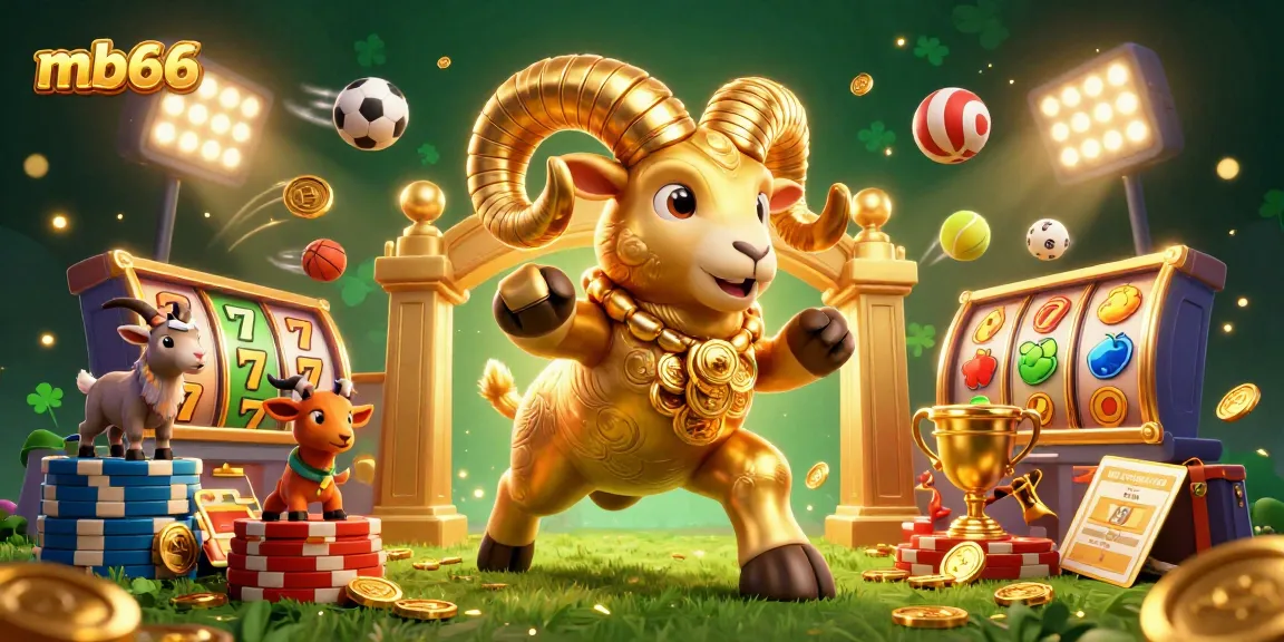 Engage in thrilling gameplay at mb66 with vibrant golden ram, jackpot symbols, and dynamic sports elements.