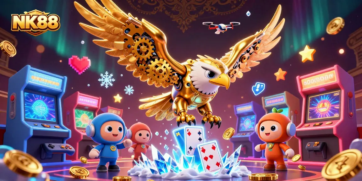 Experience NK88's thrilling casino adventure featuring the diving golden eagle amidst vibrant game elements.