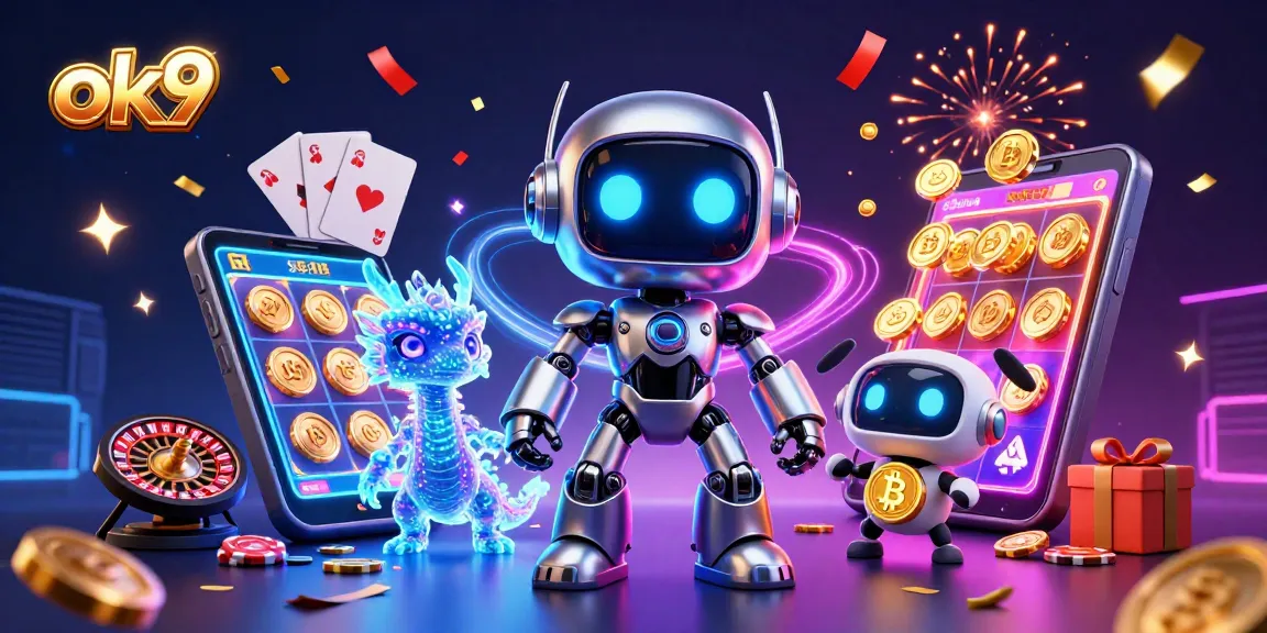 Engaging ok9 gameplay with a vibrant scene featuring a cyberpunk robot, a holographic dragon, and betting elements.