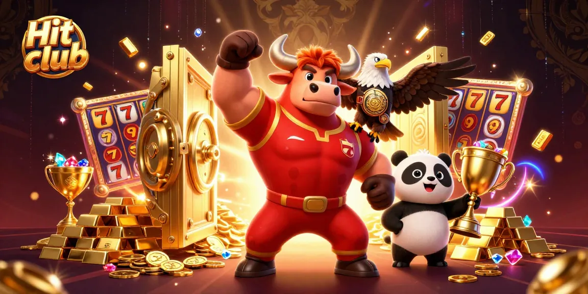 Experience the excitement of Hit club with a vibrant casino scene featuring a bull, eagle, and panda amidst golden treasures.