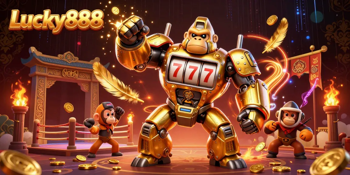 Experience thrilling wins with Lucky888's golden gorilla mech amidst vibrant casino elements.