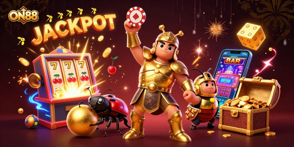 ON88 features a hero beetle celebrating a jackpot victory with vibrant casino elements surrounding it.
